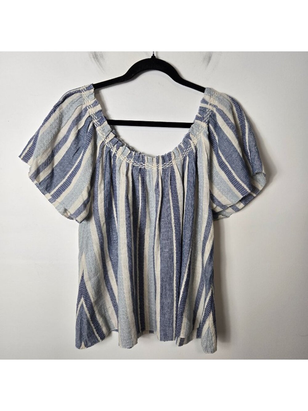 Faherty Women's Size S Annabelle Slub Striped Blouse Top Blue Org Cotton Flax